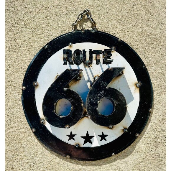 Route 66 Distressed Metal Wall Art Sign Chain Hanging  Vintage-Inspired Black & - Picture 3 of 9